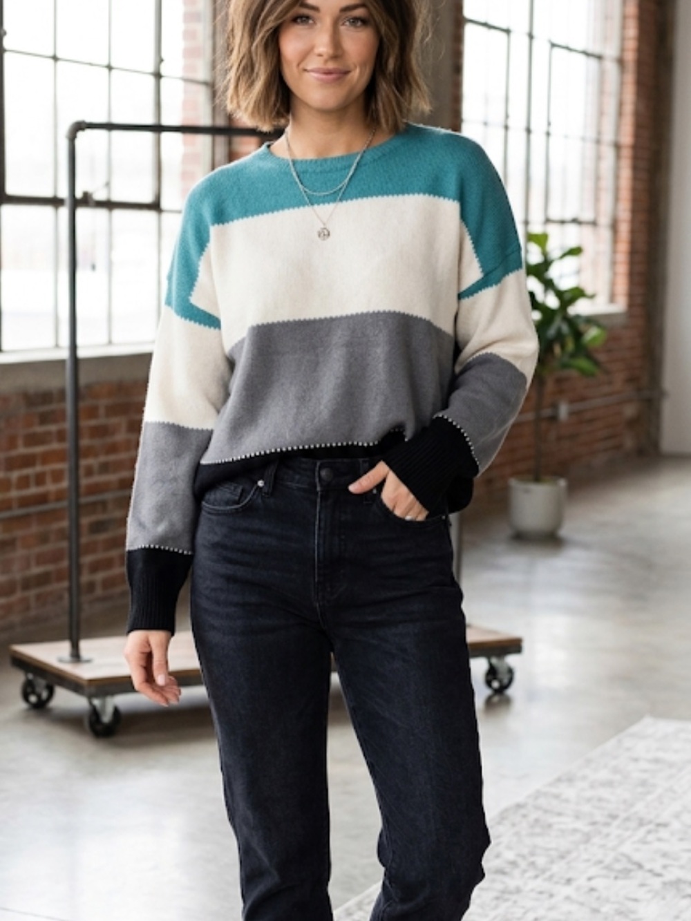 Colorblock Crewneck Knit Sweater Soft Blend Teal Grey Black White Large